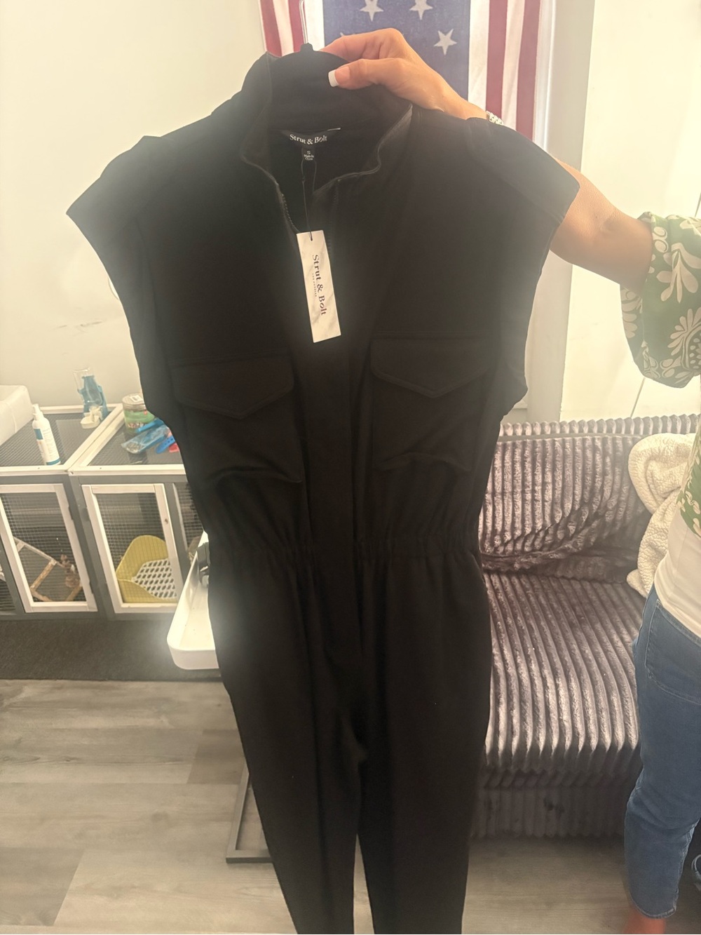 Sleve Cap Sleeve Black Jumpsuit with Utility Pockets
